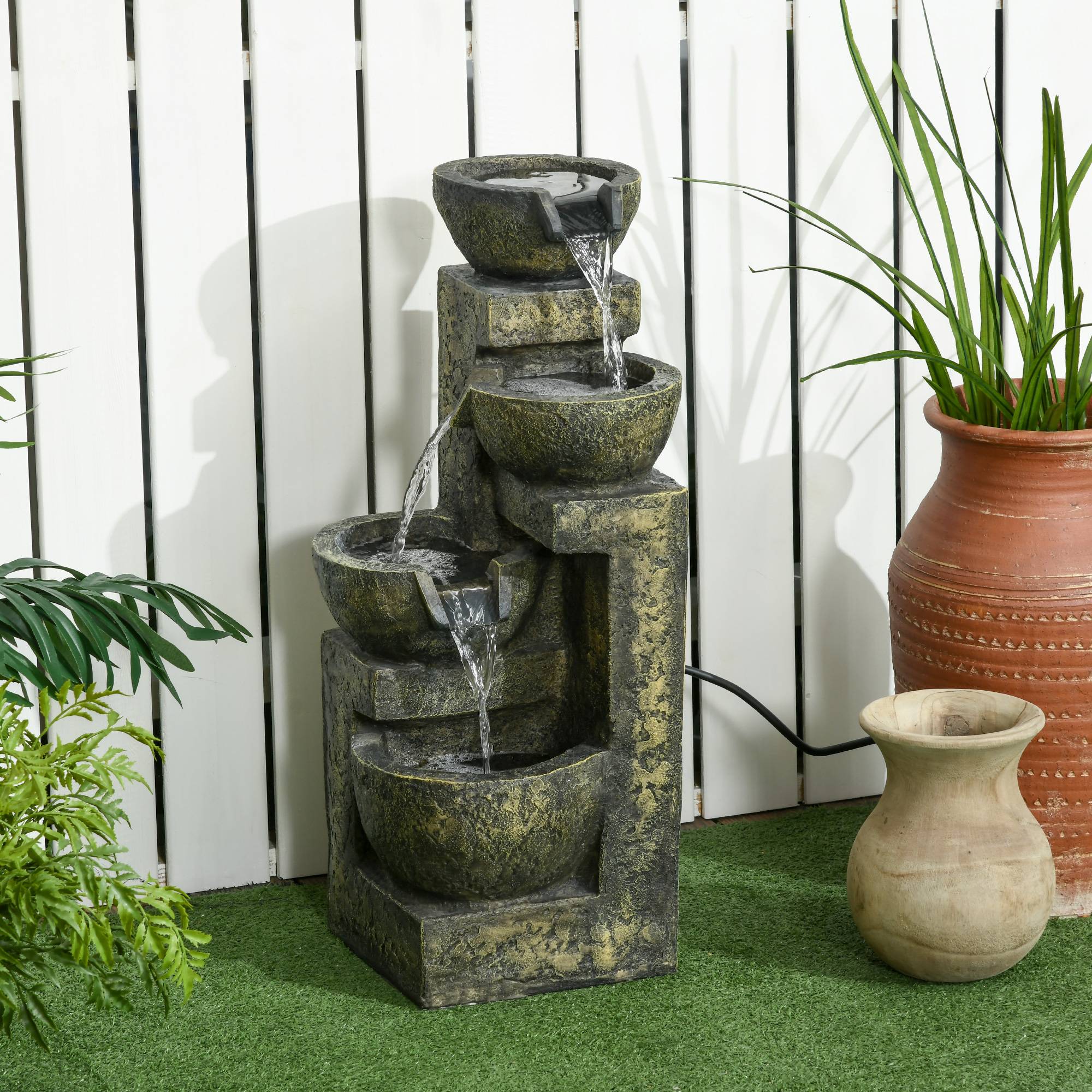 Outsunny - Fontaine de jardin zen 4 vasques 25x24x60cm débit réglable pompe submersible incluse résine noir - Outsunny - Image 2