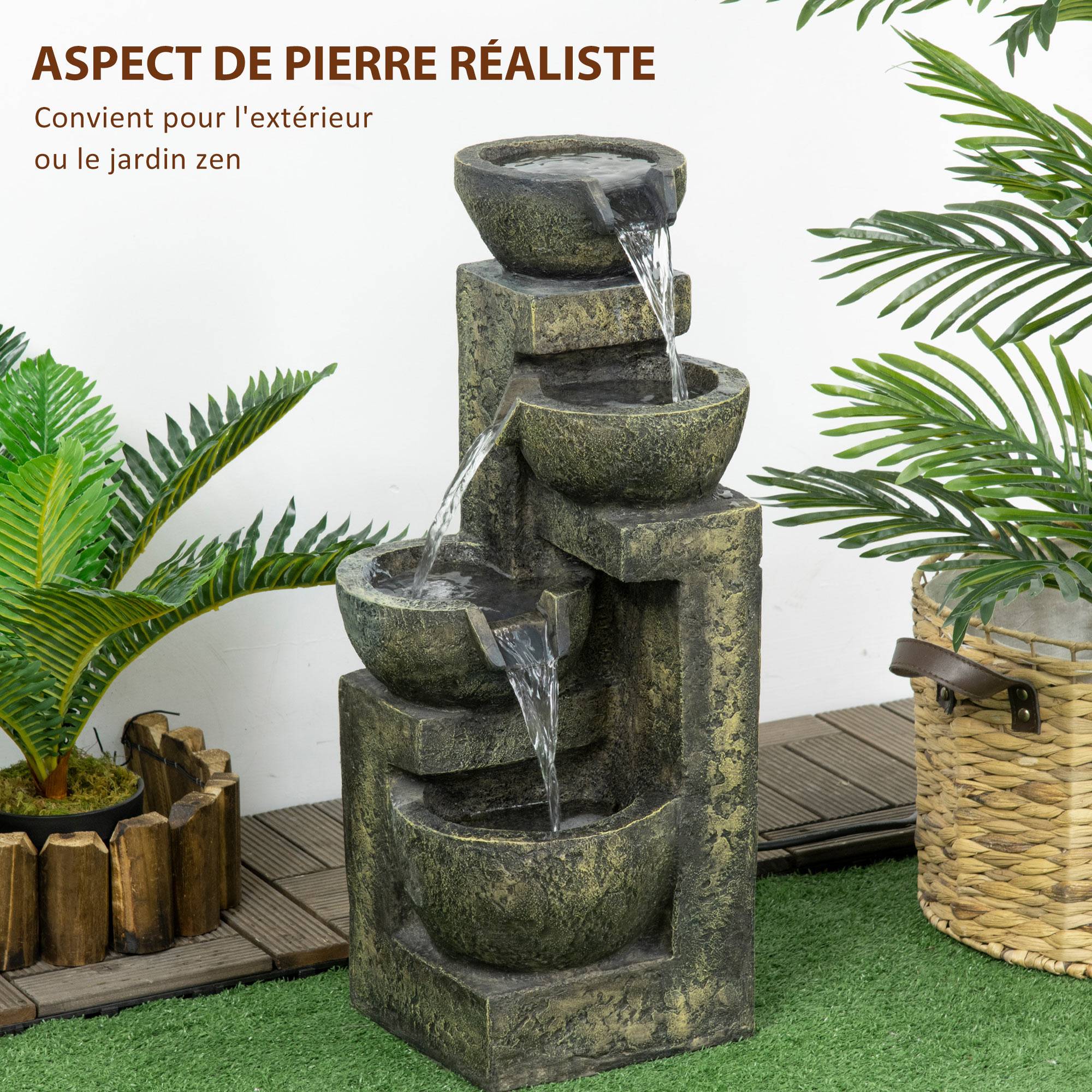 Outsunny - Fontaine de jardin zen 4 vasques 25x24x60cm débit réglable pompe submersible incluse résine noir - Outsunny - Image 4