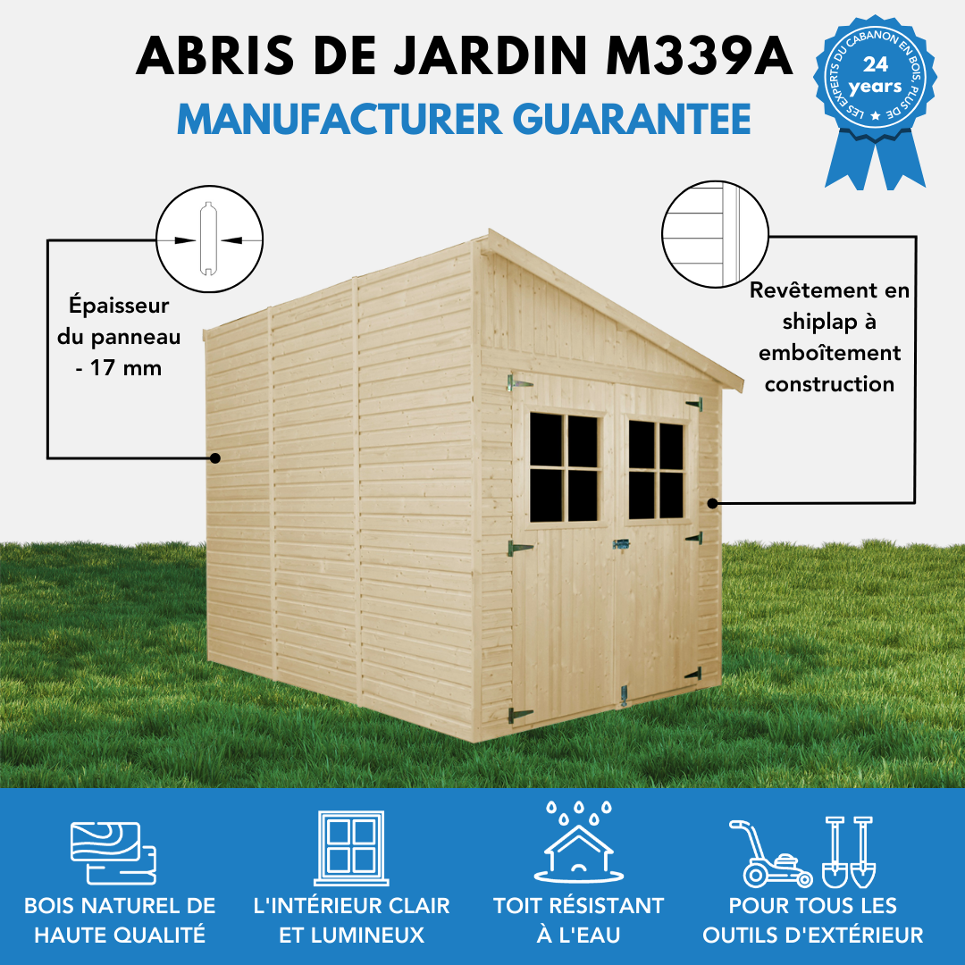 Timbela - Abri de Jardin en Bois Naturel H244x218x318 cm / 6 m² avec paroi latérale et fenêtres - 17 mm d’épaisseur - Timbela M339A - Image 8