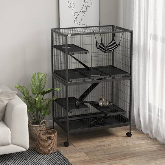 Cage pour petits animaux avec roues, rampes, hamac et plateau amovible pour chinchillas et furets, 80 x 52 x 128 cm, grise - Image 4