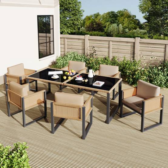 Set de jardin 6 places avec table en verre trempé, Rattan et tissu, Noir et Marron - PANGIVO - Image 3