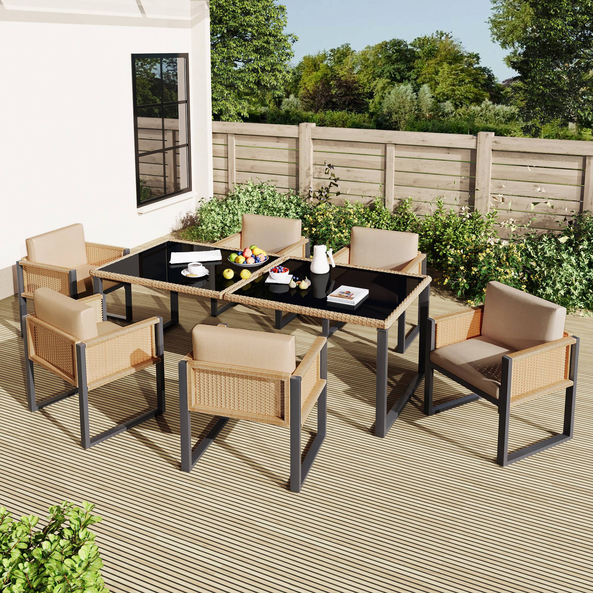 Set de jardin 6 places avec table en verre trempé, Rattan et tissu, Noir et Marron - PANGIVO - Image 3
