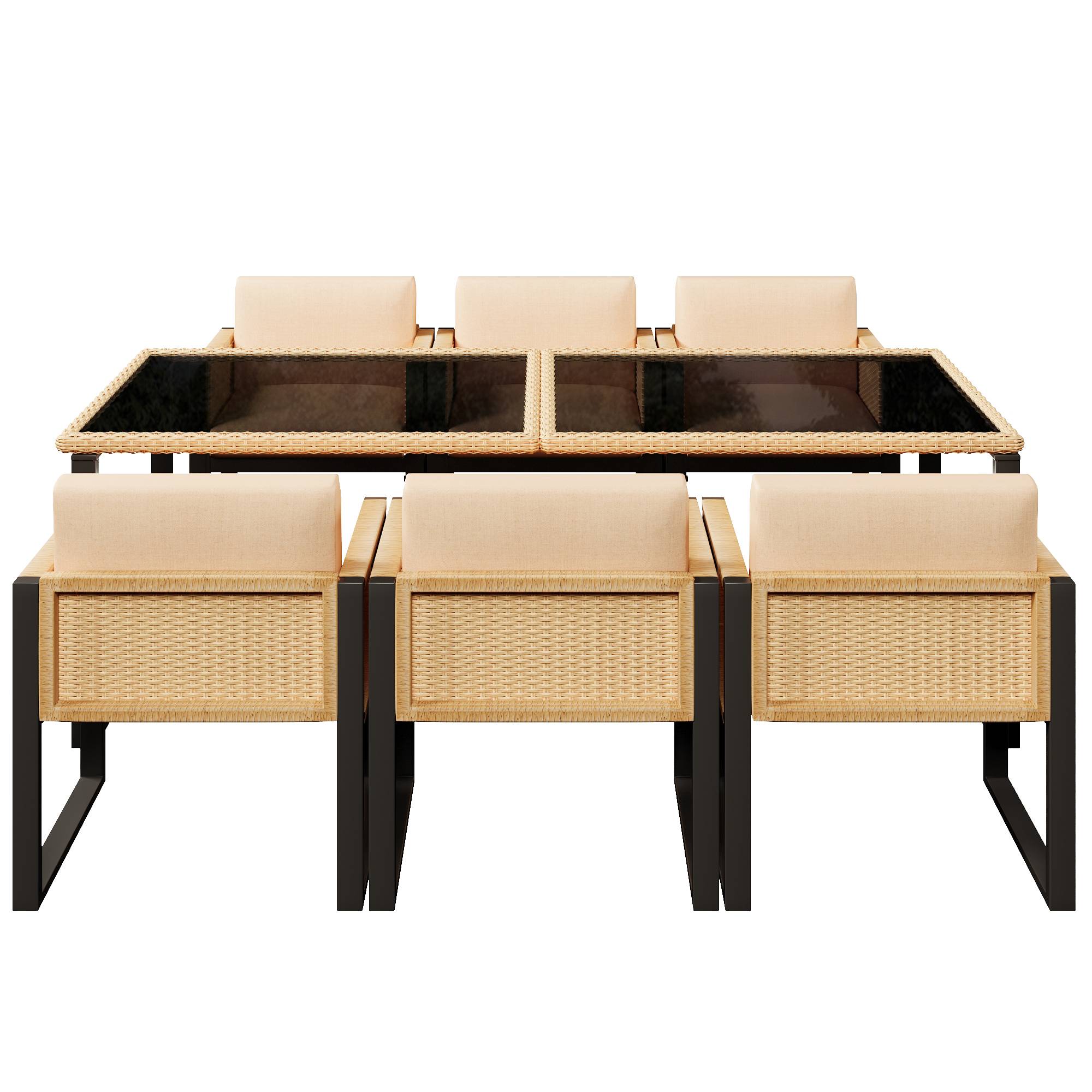 Set de jardin 6 places avec table en verre trempé, Rattan et tissu, Noir et Marron - PANGIVO - Image 8