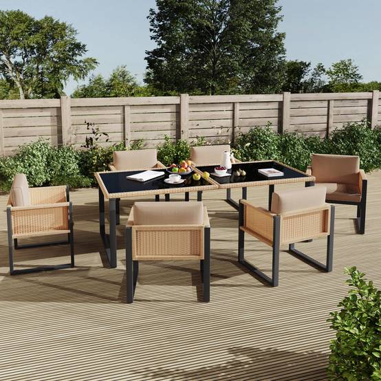 Set de jardin 6 places avec table en verre trempé, Rattan et tissu, Noir et Marron - PANGIVO - Image 1