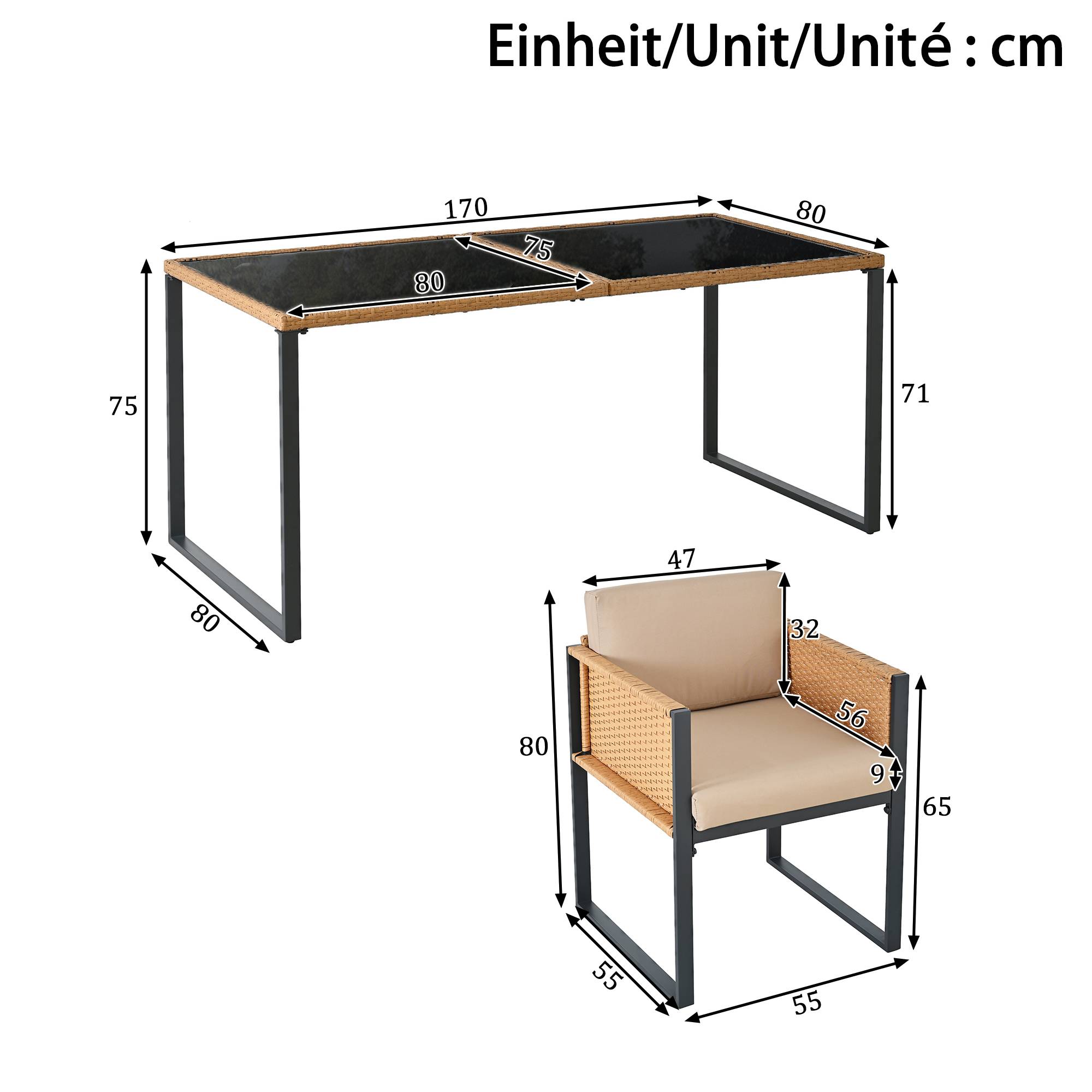Set de jardin 6 places avec table en verre trempé, Rattan et tissu, Noir et Marron - PANGIVO - Image 7