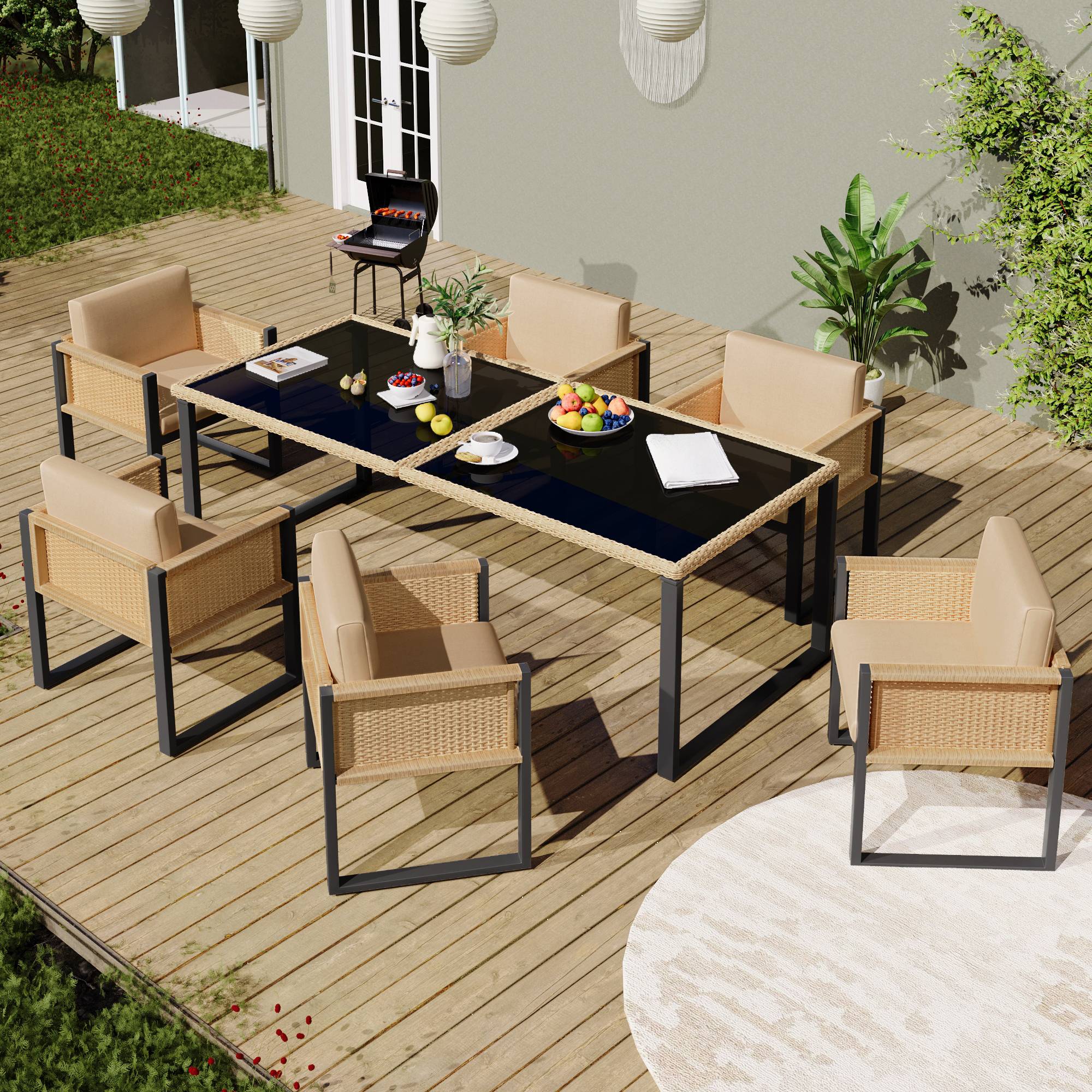 Set de jardin 6 places avec table en verre trempé, Rattan et tissu, Noir et Marron - PANGIVO - Image 5