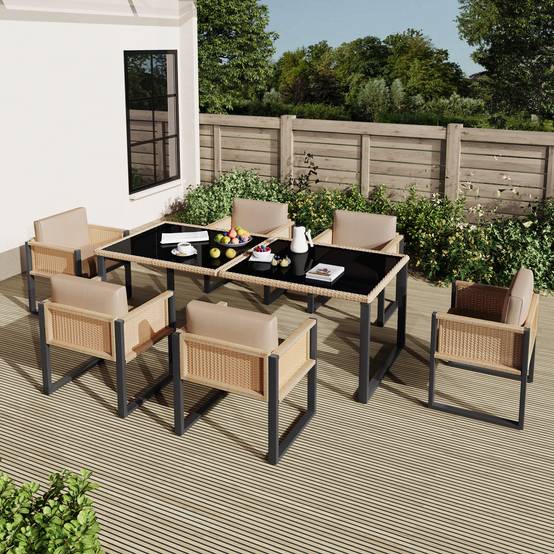 Set de jardin 6 places avec table en verre trempé, Rattan et tissu, Noir et Marron - PANGIVO - Image 4