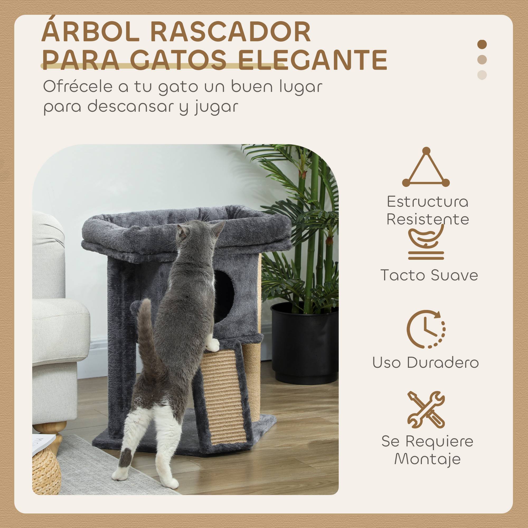 Arbre à chat pour petits chats 57 cm avec rampe à griffer, niche et balle suspendue 40 x 40 x 57 cm Gris foncé - Image 6