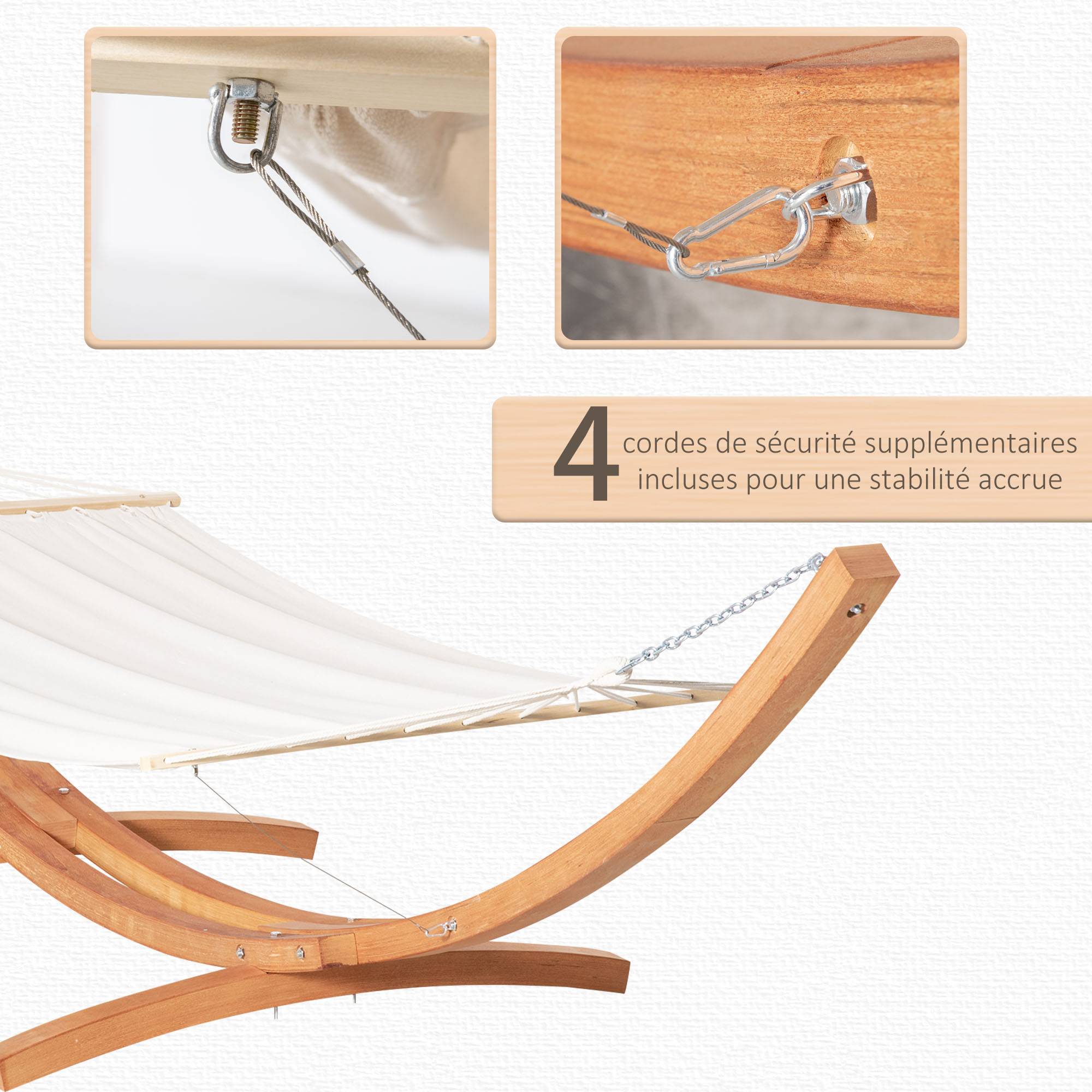 ComfortXL - Hamac de jardin sur pied en bois pour 1 personne toile coton robuste détente en extérieur 392 cm crème - ComfortXL Outdoor Living - Image 7