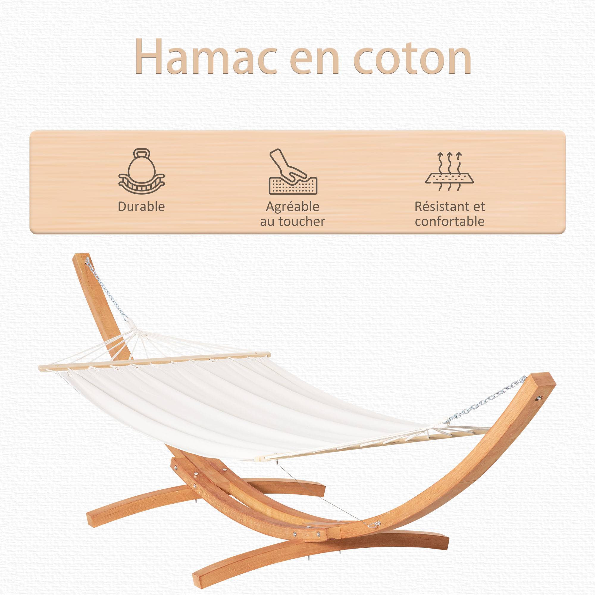 ComfortXL - Hamac de jardin sur pied en bois pour 1 personne toile coton robuste détente en extérieur 392 cm crème - ComfortXL Outdoor Living - Image 6