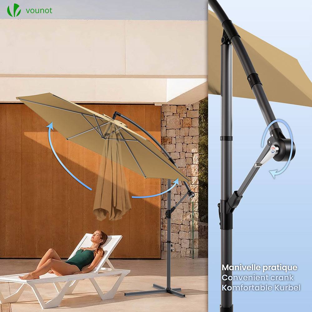 Parasol déporté inclinable 3M avec housse de protection Kaki - Inclinaison réglable - Rotatif 360° - Manivelle anti-retour - VOUNOT® - Image 5
