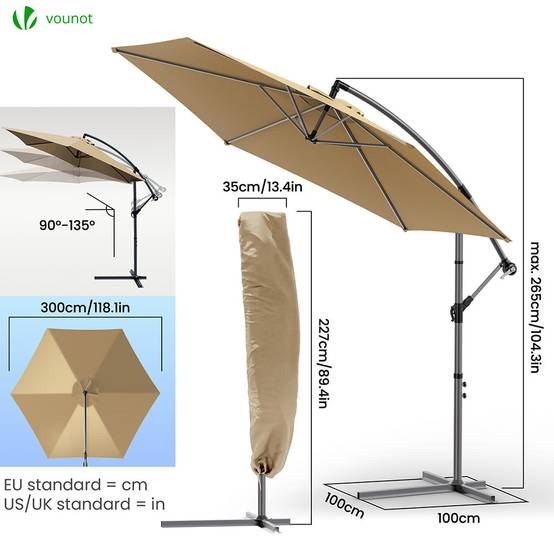 Parasol déporté inclinable 3M avec housse de protection Kaki - Inclinaison réglable - Rotatif 360° - Manivelle anti-retour - VOUNOT® - Image 6