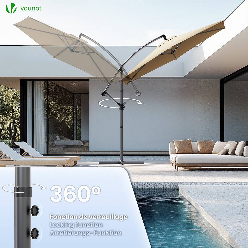 Parasol déporté inclinable 3M avec housse de protection Kaki - Inclinaison réglable - Rotatif 360° - Manivelle anti-retour - VOUNOT® - Image 4