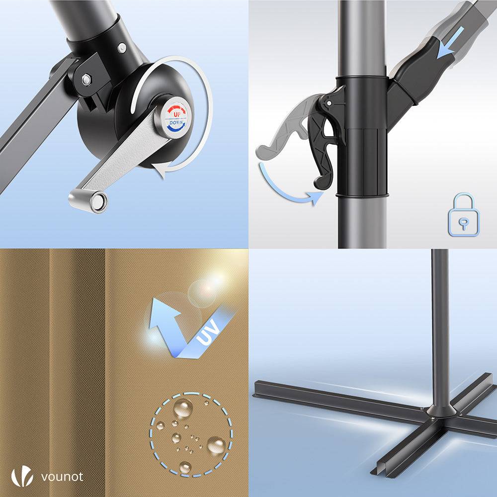 Parasol déporté inclinable 3M avec housse de protection Kaki - Inclinaison réglable - Rotatif 360° - Manivelle anti-retour - VOUNOT® - Image 7