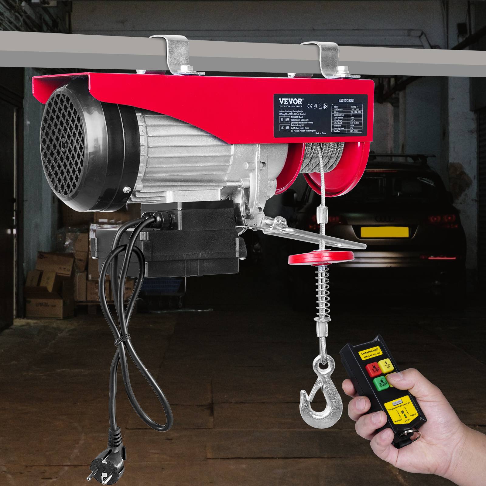 VEVOR Treuil électrique 1000kg, 1600W, télécommande sans fil, vitesse 10m/min, câble 12m. - Image 8