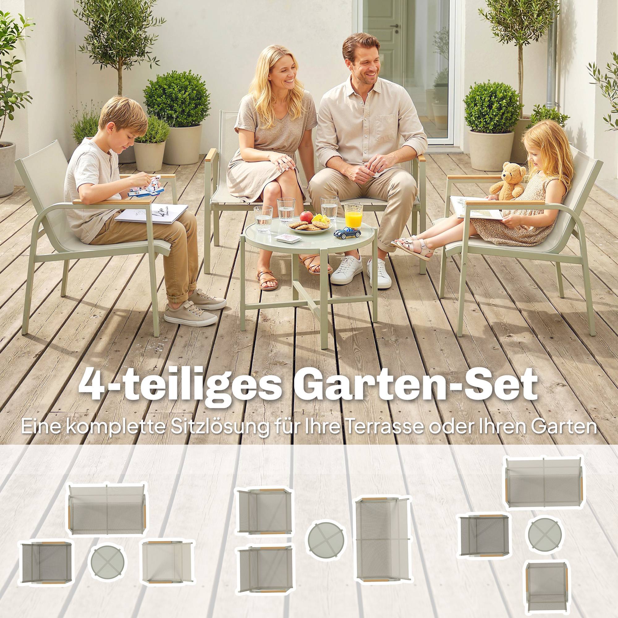 Ensemble salon de jardin métallique imperméable pour 4 personnes, canapé 2 places, 2 fauteuils et table, coloris vert - Image 4