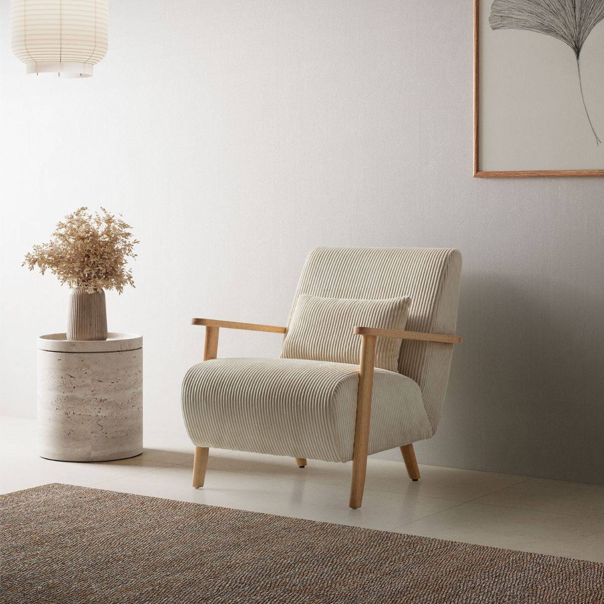 Fauteuil en velours côtelé beige vintage avec accoudoirs et pieds en chêne naturel - BONIFACE - Image 2