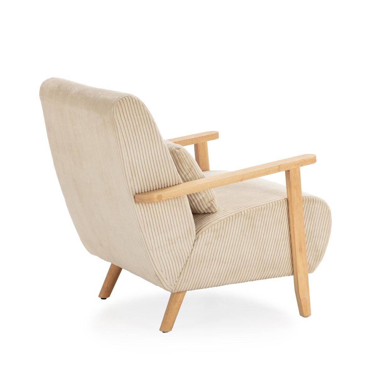 Fauteuil en velours côtelé beige vintage avec accoudoirs et pieds en chêne naturel - BONIFACE - Image 4