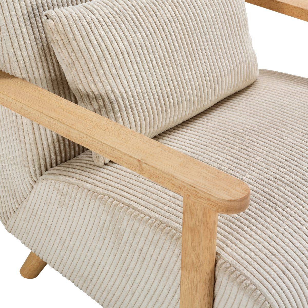Fauteuil en velours côtelé beige vintage avec accoudoirs et pieds en chêne naturel - BONIFACE - Image 5