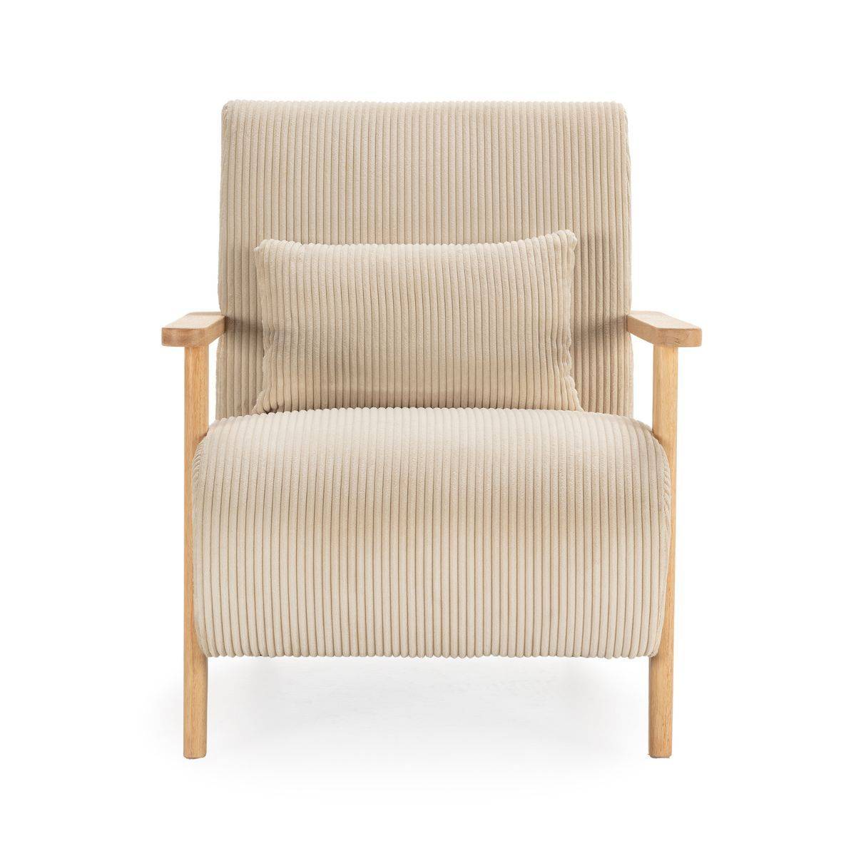 Fauteuil en velours côtelé beige vintage avec accoudoirs et pieds en chêne naturel - BONIFACE - Image 3
