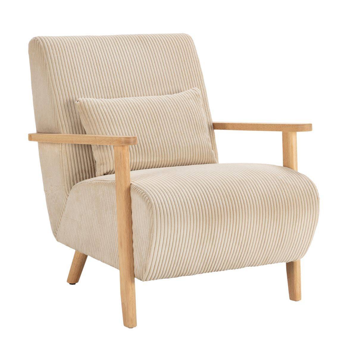 Fauteuil en velours côtelé beige vintage avec accoudoirs et pieds en chêne naturel - BONIFACE - Image 1