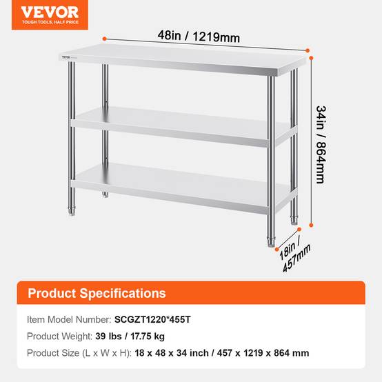 Vevor - VEVOR Station de travail cuisine métal 18x48x34 pouces, acier inoxydable, 2 étagères, surface durable. - Image 7