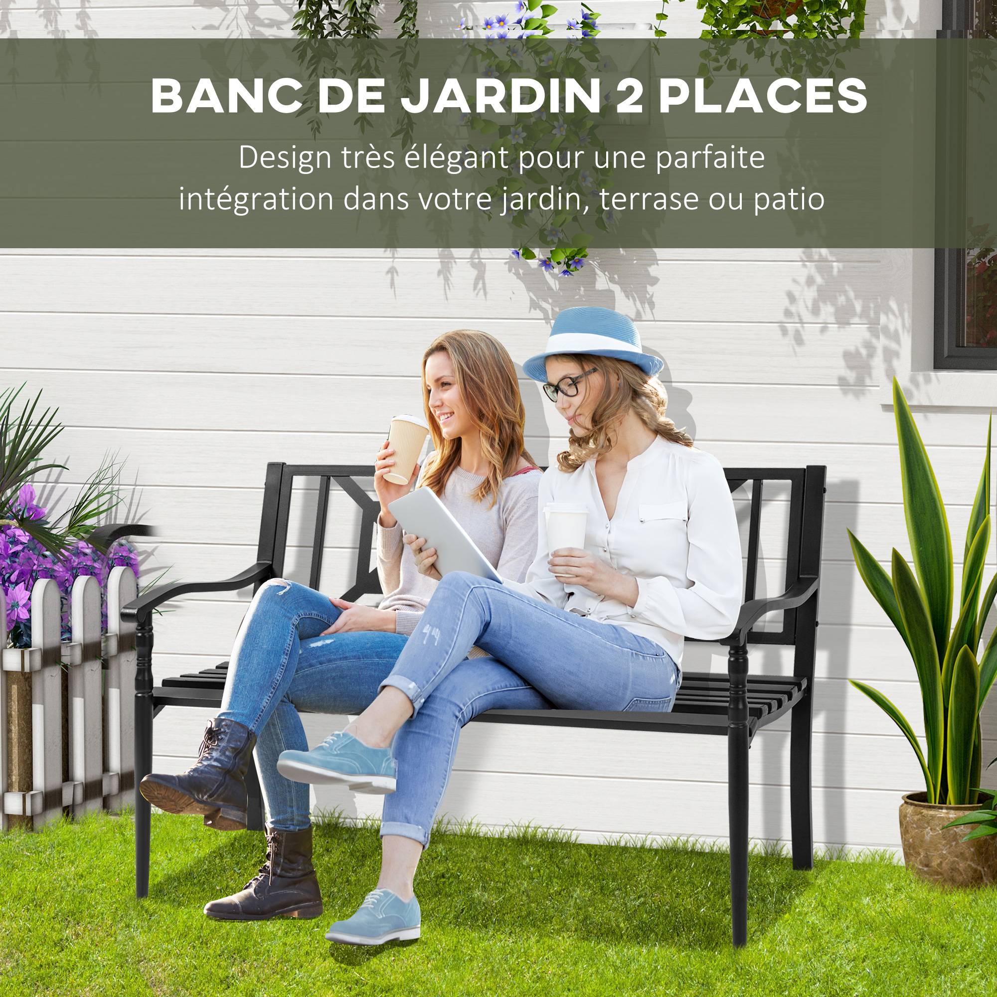 Sans Marque - Banc de jardin 2 places banquette extérieur terrasse patio dossier haut assise à lattes accoudoirs - Image 6