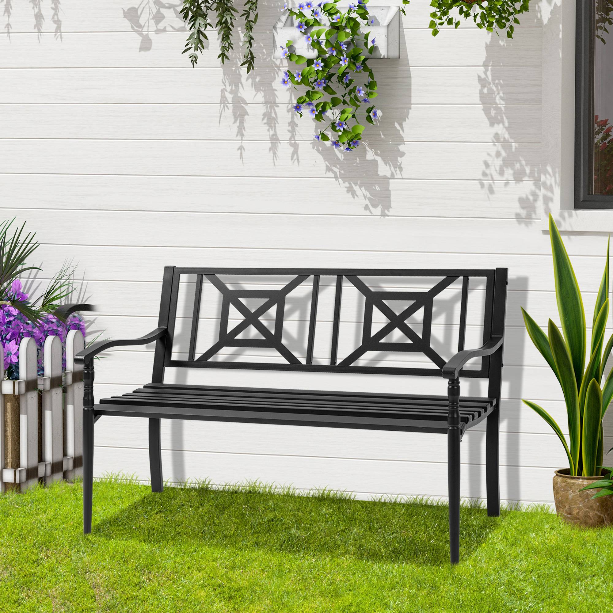 Sans Marque - Banc de jardin 2 places banquette extérieur terrasse patio dossier haut assise à lattes accoudoirs - Image 3