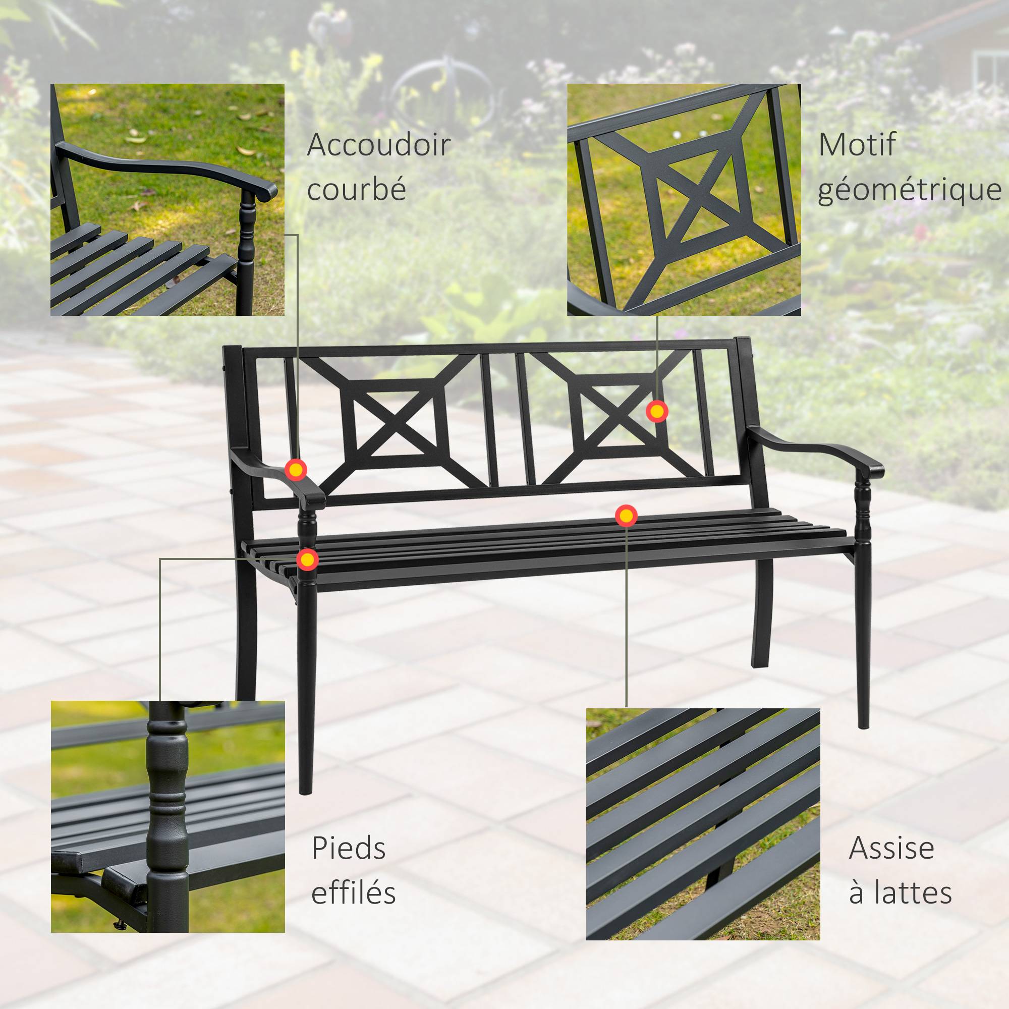 Sans Marque - Banc de jardin 2 places banquette extérieur terrasse patio dossier haut assise à lattes accoudoirs - Image 7