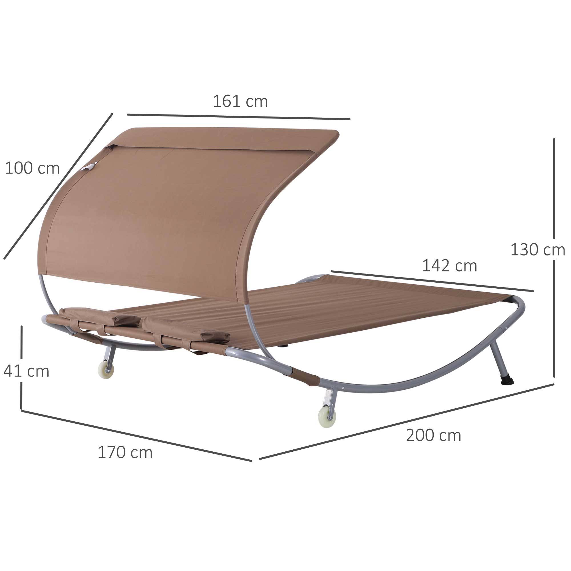 Outsunny - Bain de soleil 2 places lit de jardin design contemporain toit réglable 2 roulettes 2 oreillers acier époxy polyester marron - Outsunny - Image 3