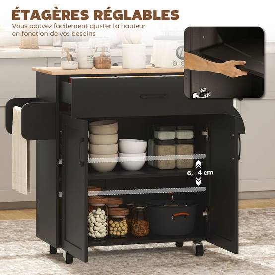 Dessert îlot de cuisine multi-rangements tiroirs placard 2 portes avec étagère réglable 105 x 36 x 85 cm noir - Image 8