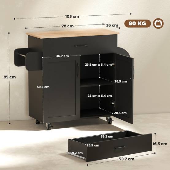 Dessert îlot de cuisine multi-rangements tiroirs placard 2 portes avec étagère réglable 105 x 36 x 85 cm noir - Image 5