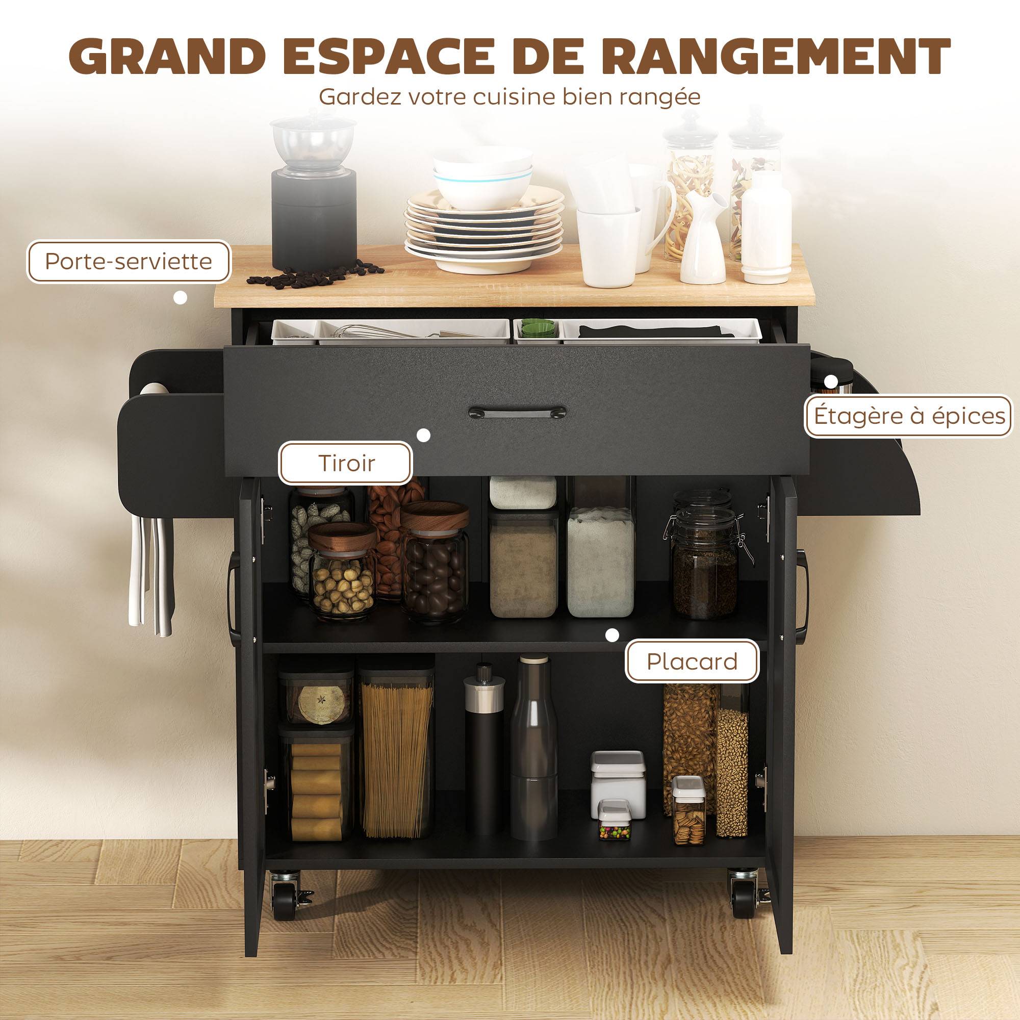 Dessert îlot de cuisine multi-rangements tiroirs placard 2 portes avec étagère réglable 105 x 36 x 85 cm noir - Image 6