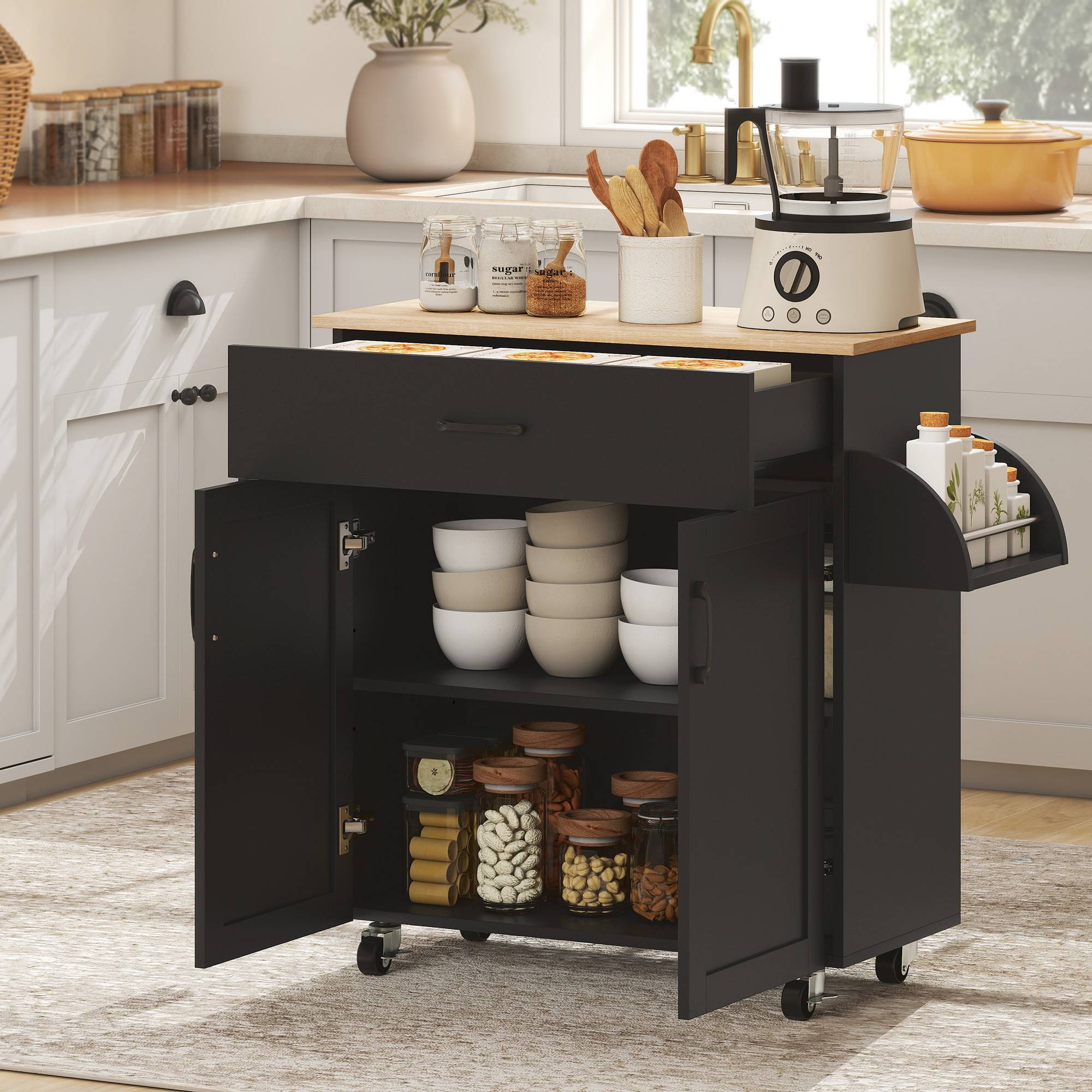 Dessert îlot de cuisine multi-rangements tiroirs placard 2 portes avec étagère réglable 105 x 36 x 85 cm noir - Image 3