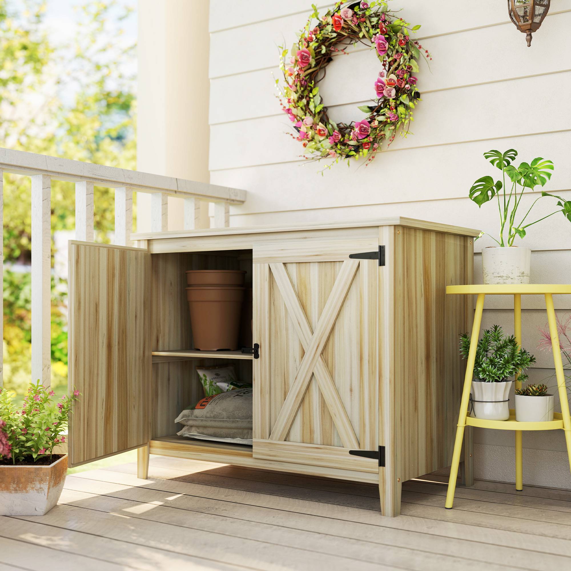 Armoire de jardin bois extérieur plateau rempotage étagère 110x60x88,5cm - ComfortXL Outdoor Living - Image 3