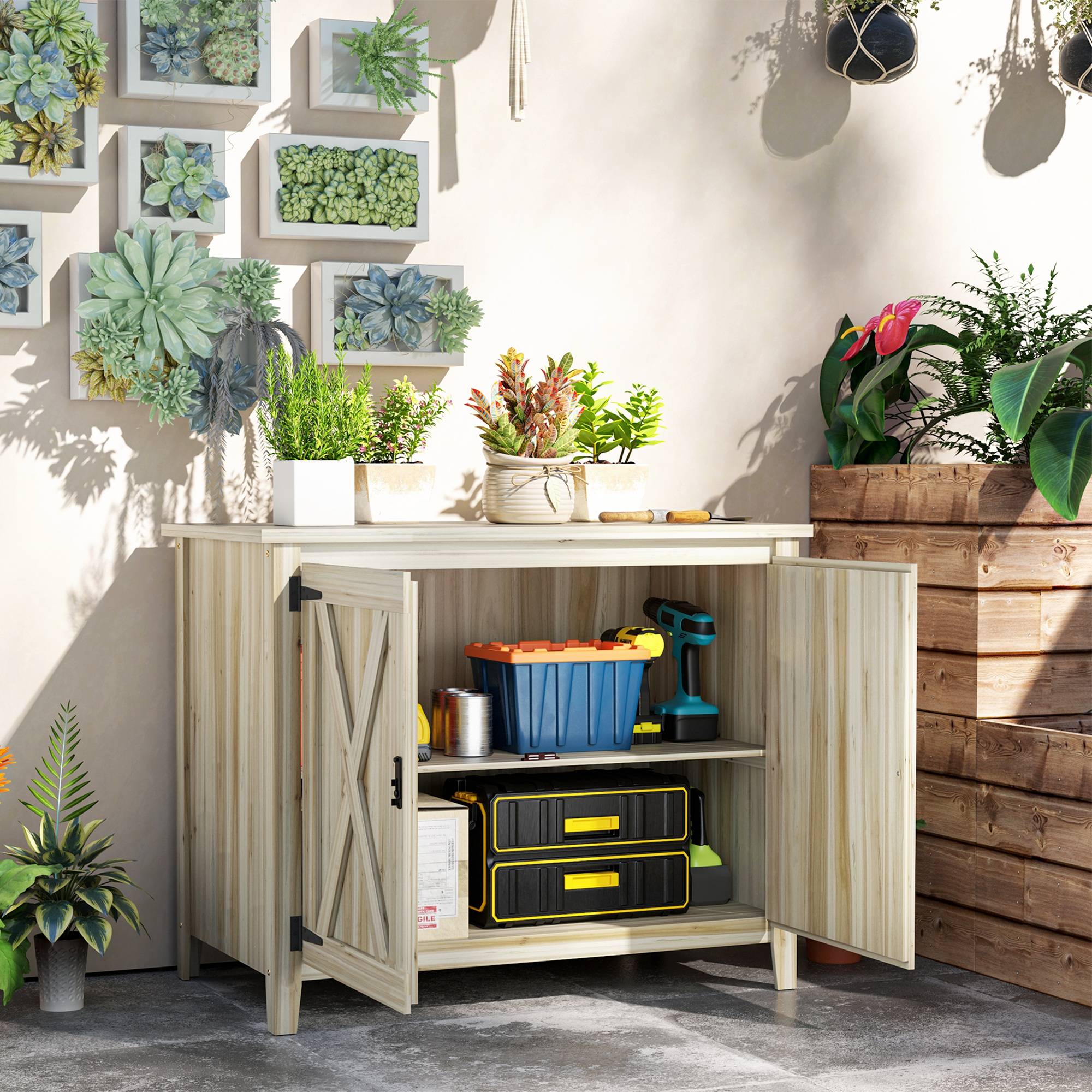 Armoire de jardin bois extérieur plateau rempotage étagère 110x60x88,5cm - ComfortXL Outdoor Living - Image 10