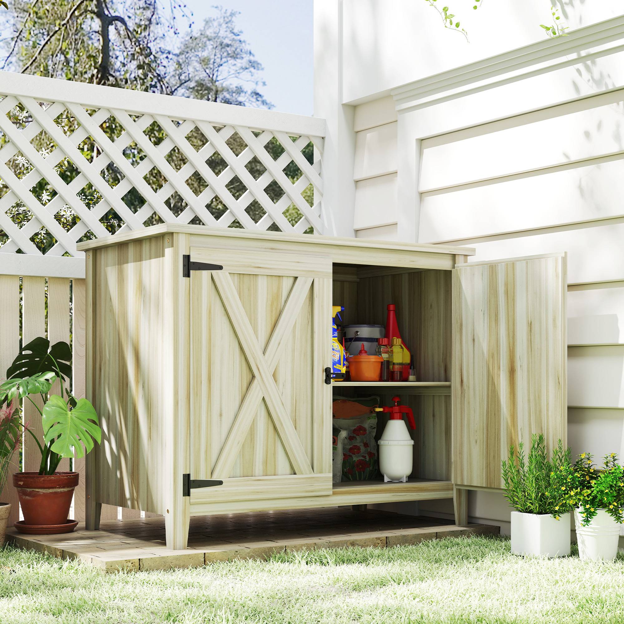 Armoire de jardin bois extérieur plateau rempotage étagère 110x60x88,5cm - ComfortXL Outdoor Living - Image 4
