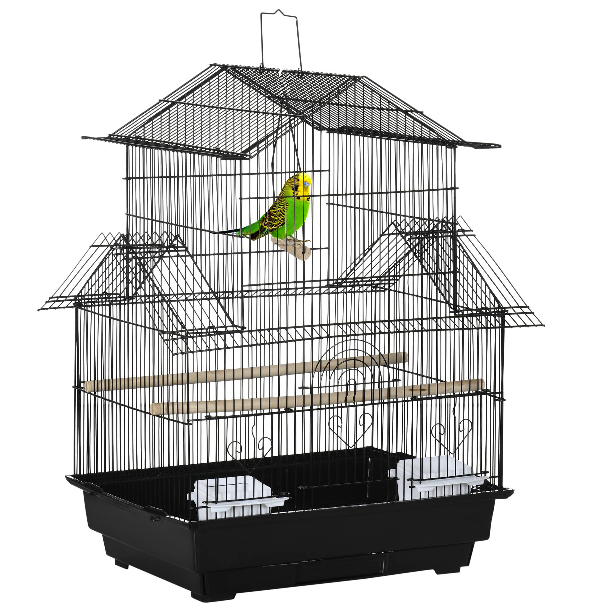 Pawhut - Cage à oiseaux design maison perchoirs mangeoires balançoire 3 portes plateau excrément amovible + poignée transport métal noir - Image 1