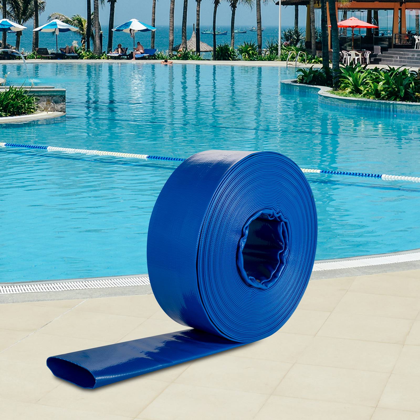 VEVOR Tuyau décharge 38mm x 32m, PVC tissu, colliers, piscine, transfert eau, résistant, bleu. - Image 8