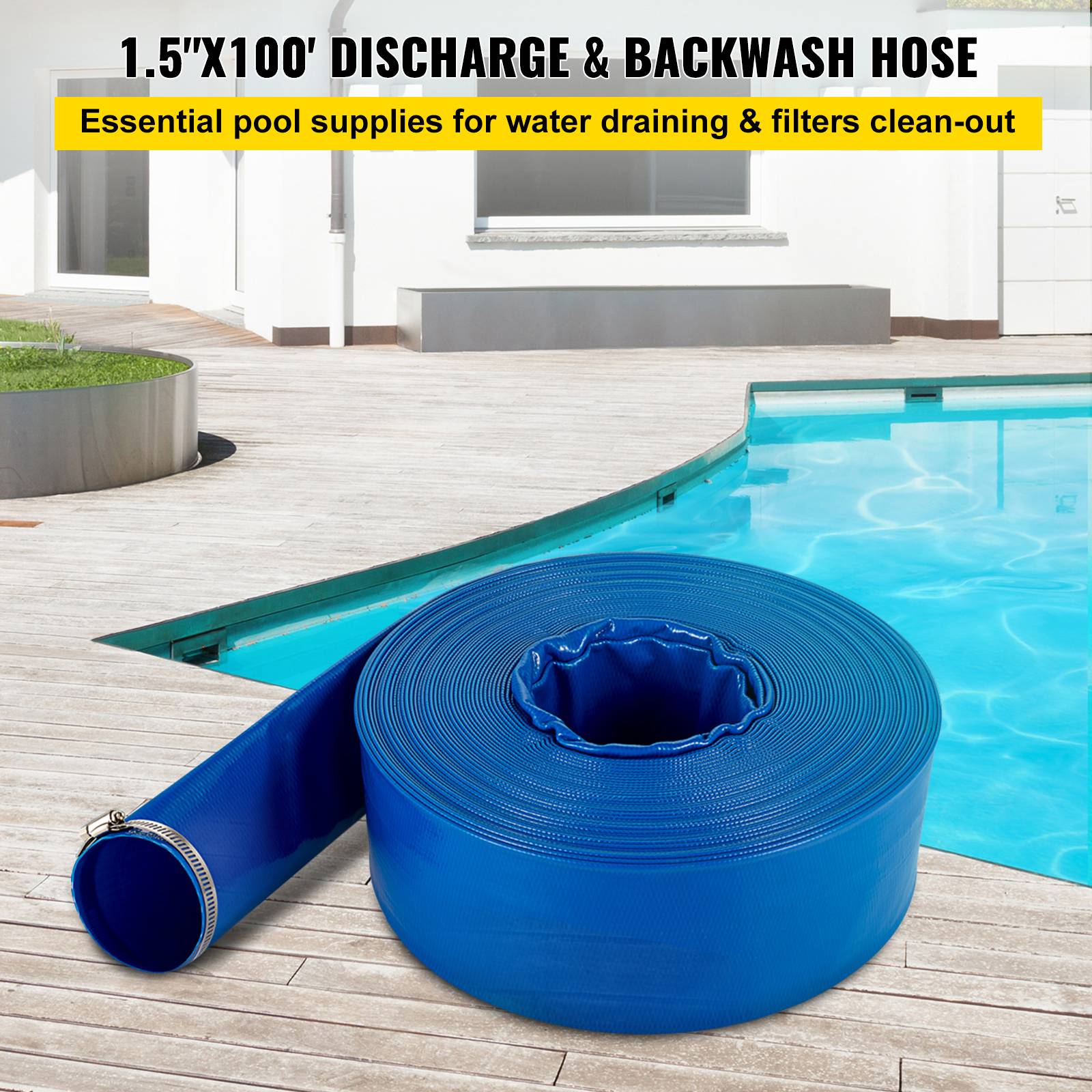 VEVOR Tuyau décharge 38mm x 32m, PVC tissu, colliers, piscine, transfert eau, résistant, bleu. - Image 2