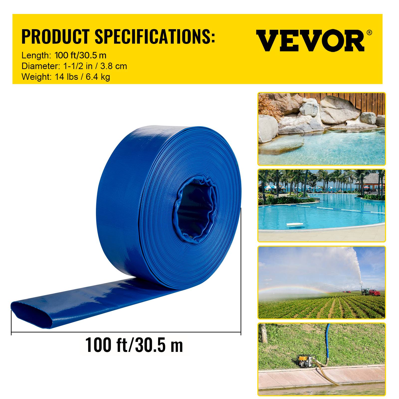 VEVOR Tuyau décharge 38mm x 32m, PVC tissu, colliers, piscine, transfert eau, résistant, bleu. - Image 7