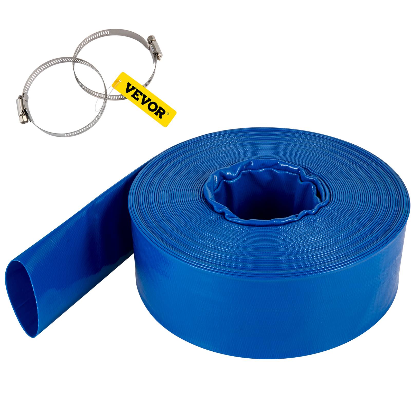 VEVOR Tuyau décharge 38mm x 32m, PVC tissu, colliers, piscine, transfert eau, résistant, bleu. - Image 1