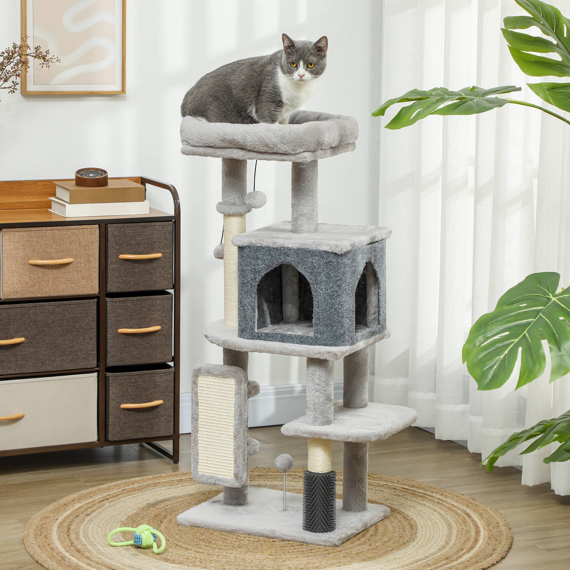 Arbre à chat bois et peluche pour chats jusqu'à 5kg griffoir et repos gris clair 104cm - ComfortXL Outdoor Living - Image 4