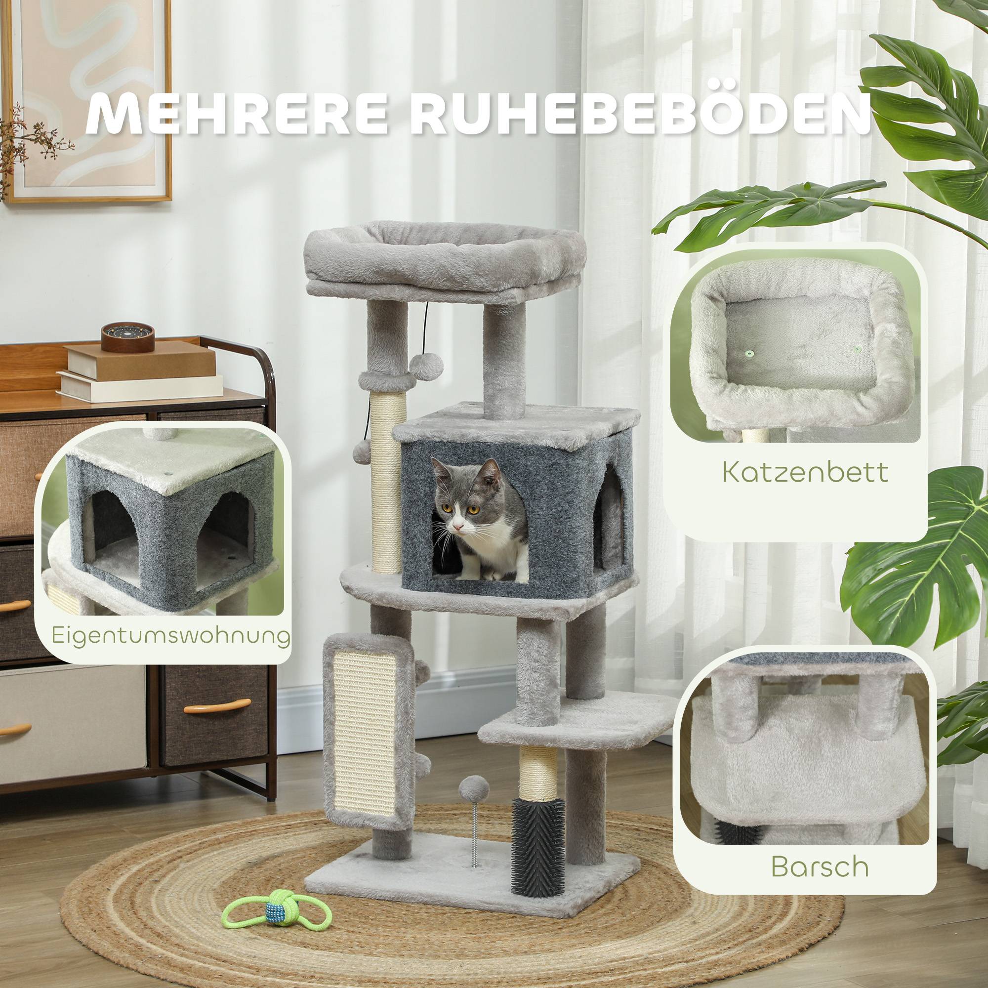 Arbre à chat bois et peluche pour chats jusqu'à 5kg griffoir et repos gris clair 104cm - ComfortXL Outdoor Living - Image 6