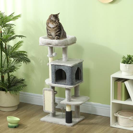 Arbre à chat bois et peluche pour chats jusqu'à 5kg griffoir et repos gris clair 104cm - ComfortXL Outdoor Living - Image 3