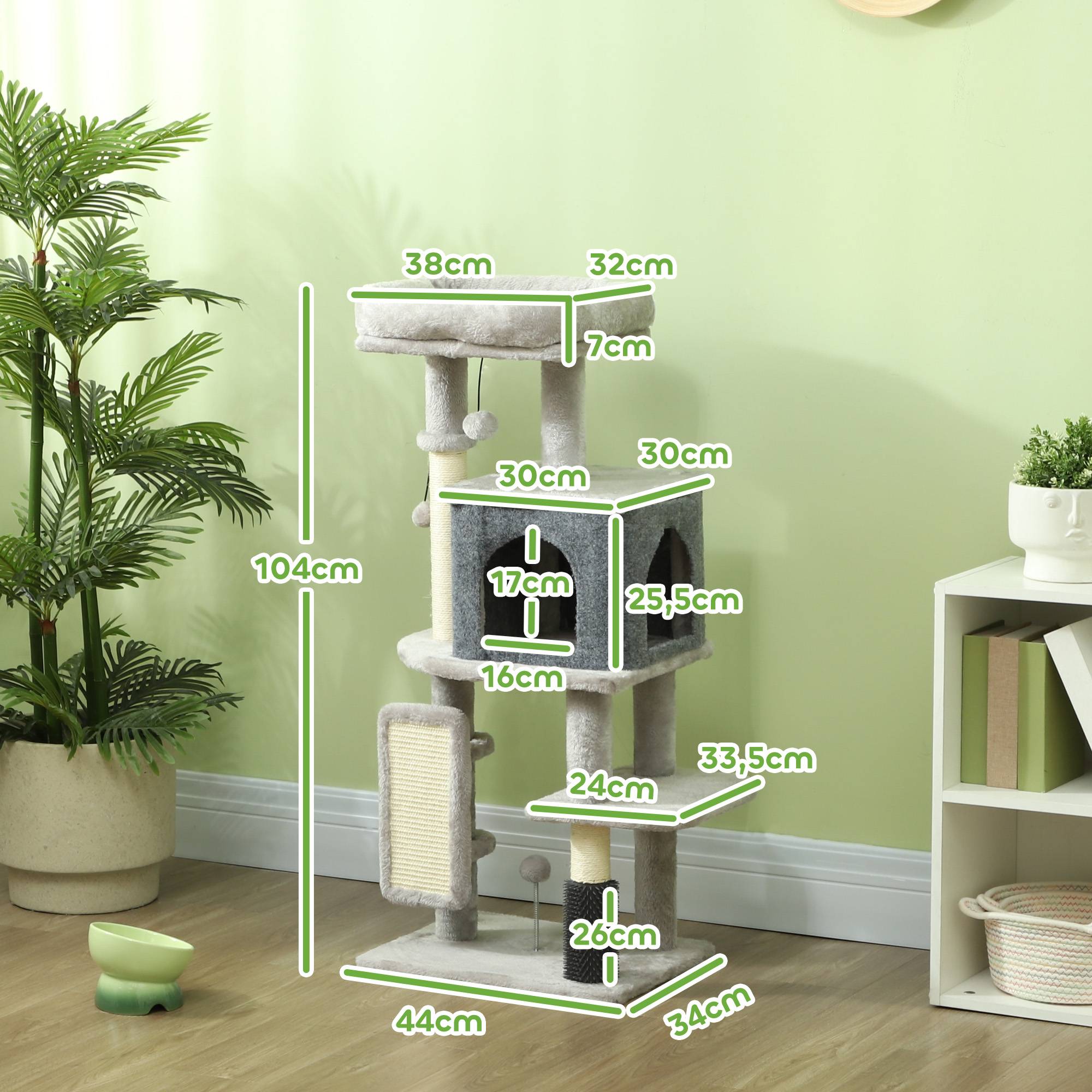 Arbre à chat bois et peluche pour chats jusqu'à 5kg griffoir et repos gris clair 104cm - ComfortXL Outdoor Living - Image 5