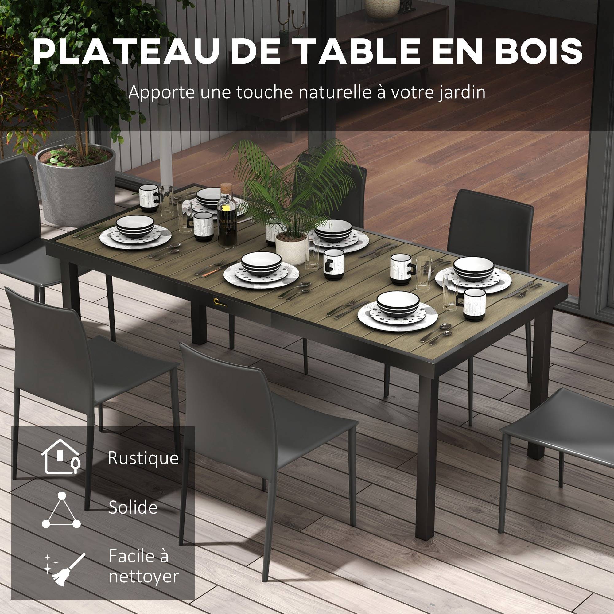 Table de jardin rectangulaire pour 8 personnes en aluminium table de salle à manger extétieur plateau PE à lattes - Image 6