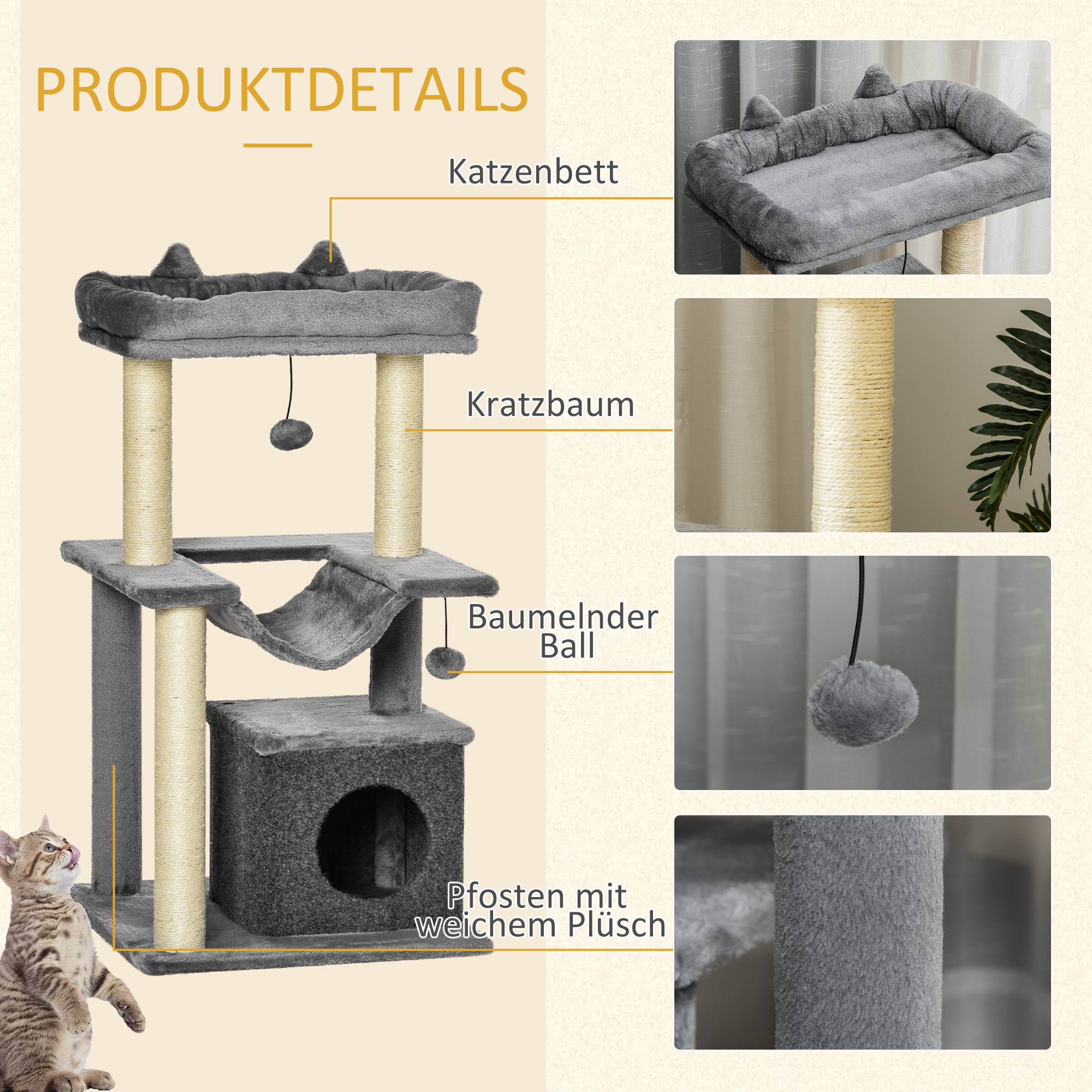 Arbre à chat 90 cm hamac, niche, 2 balles, griffoirs sisal, plateformes, multi-étages, chats <4 kg, gris - Image 9