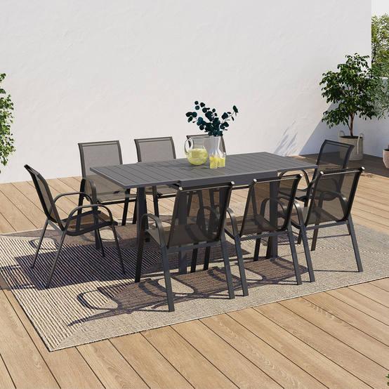 Salon de jardin POLY table extensible 90-180 CM et 8 chaises gris foncé - Image 1