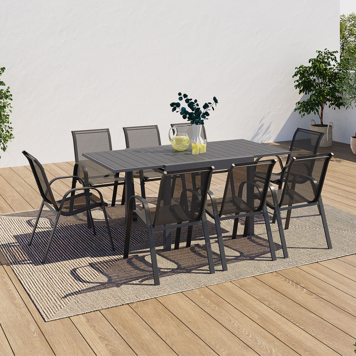 Salon de jardin POLY table extensible 90-180 CM et 8 chaises gris foncé - Image 1